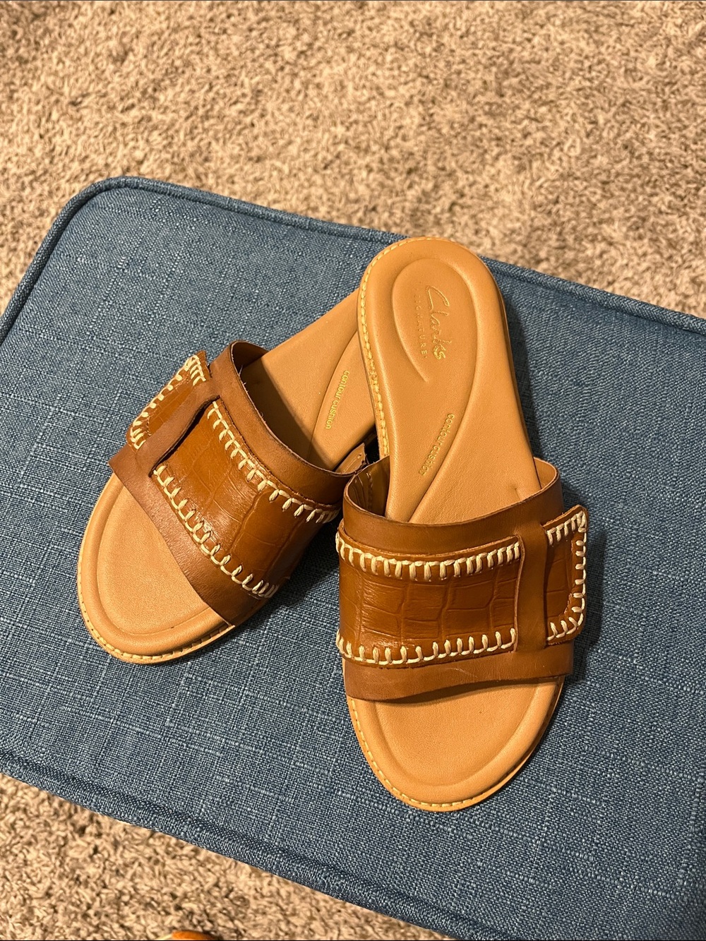 Clarks Tan/Brown Leather Slide Sandals with Stitch Detail